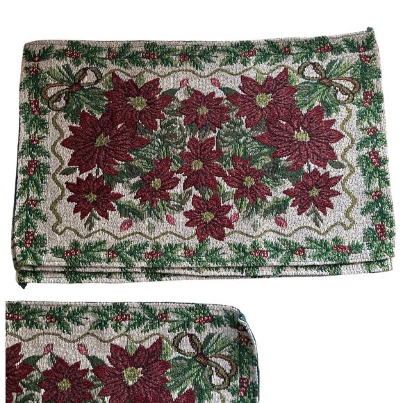 Vintage Red & Green Christmas Poinsettia Tapestry Placemat Set Of 4 - Picture 2 of 8